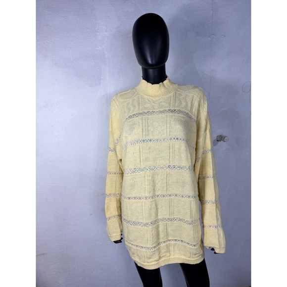 Vintage Basic Editions Knit Sweater Striped Cream Blue Acrylic Size Medium - Picture 1 of 7